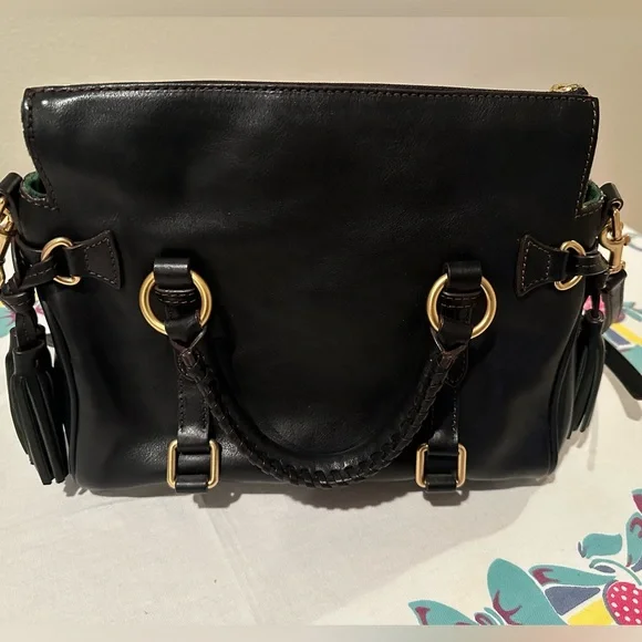 Dooney & Bourke Black Leather Satchel w/ Tassel Details & Red Lining - Picture 2 of 6